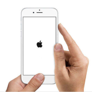 two hands holding an Apple iPhone 6 conducting a force restart; Apple logo displayed on iPhone screen