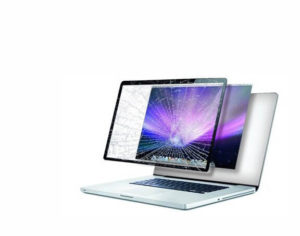 pc computer repair displaying cracked screen on MacBook Pro on white background